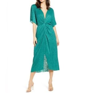 All In Favor Dolman Plissé Faux Wrap Midi Dress in Antique Green